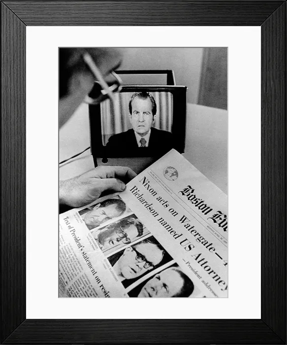 Framed Print : The Watergate Scandal takes over the front page and the TV screen. On April 30, 1973, White House staffers, H.R