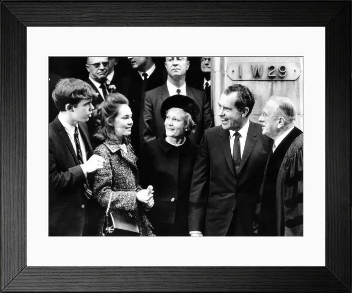 Framed Print : President-elect Richard Nixon and his family with Dr. Norman Vincent Peale. L-R: David Eisenhower, Julie Nixon, Pat Nixon, Richard Nixon, and Dr. Peale