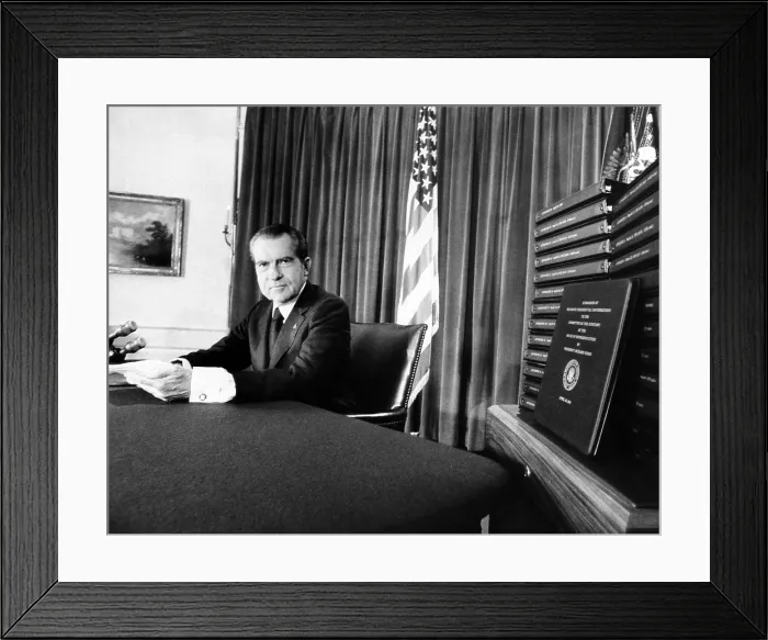 Framed Print : Embattled President Richard Nixon beside transcripts of his secret White House tape