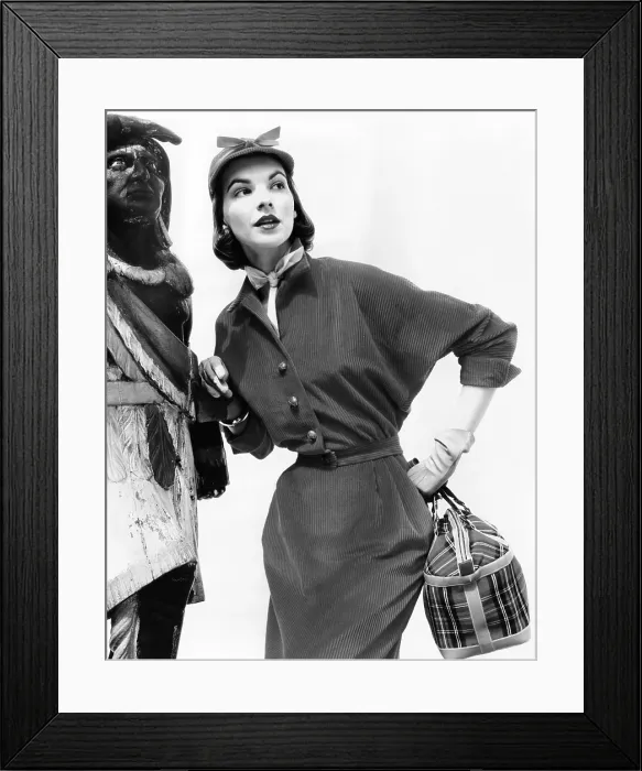 Framed Print : Corduroy shirtdress with dolman sleeves, a narrow skirt, and self belt