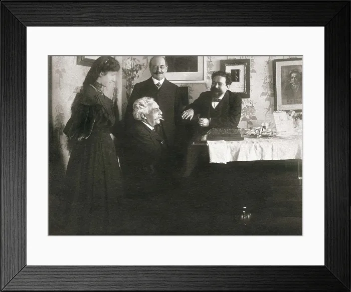 Framed Print : French composer Gabriel Faur (by the piano) with Spanish composer Isaac Albniz (right). With them, Clara Sansoni, Albniz's pupil and her father