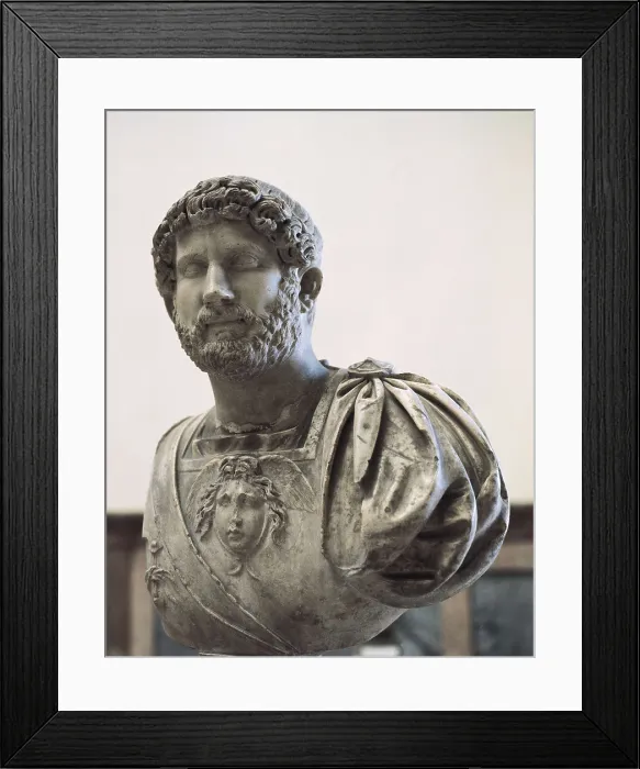 Framed Print : HADRIAN (76-138). Depiction in relief of Medusa's head in the centre of the cuirasse. Roman art. Early Empire. Sculpture on marble. SPAIN. Sevilla. Archaeological Museum