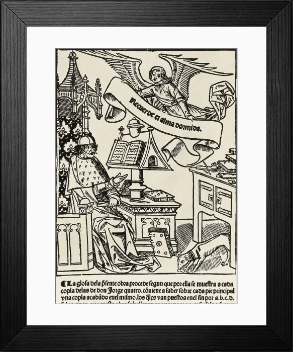 Framed Print : MANRIQUE, Jorge (1440-1479). Picture of the cover of 'Coplas de Don Jorge Manrique, hechas a la muerte de su padre Don Rodrigo Manrique'. Xylography