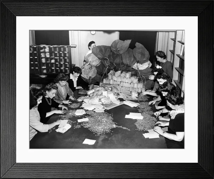 Framed Print : Thousands of dimes roll are received daily at the White House during the March of Dimes campaign Framed Print : Thousands of dimes roll are received daily at the White House during the March of Dimes campaign
