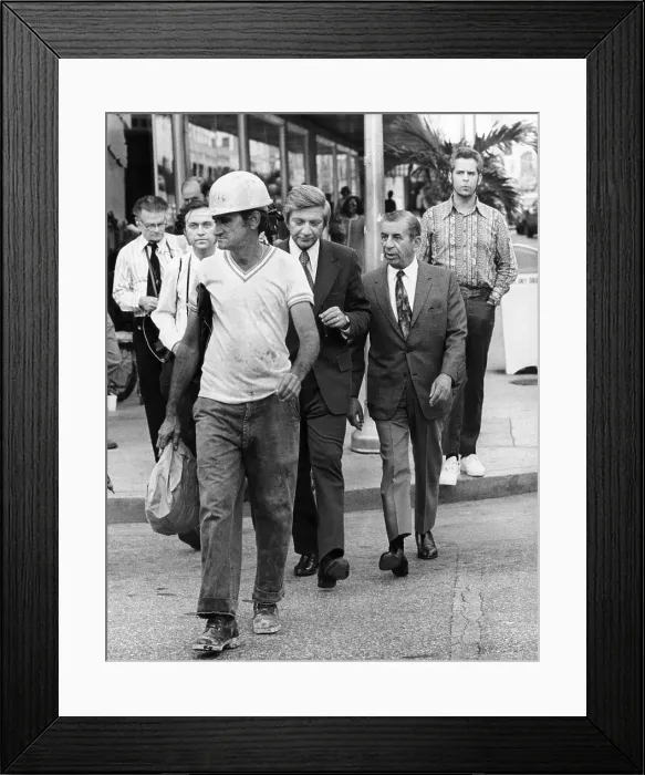 Framed Print : Miami Meyer Lansky (right), reputed underworld financial operator, walks along a Miami street February 26, 1973