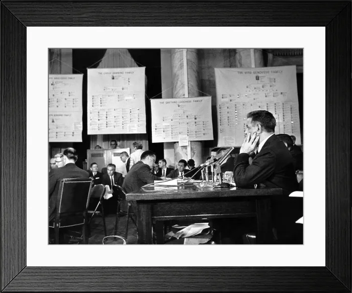 Framed Print : Joseph Valachi (right) continued his Senate Investigations Subcommittee testimony Framed Print : Joseph Valachi (right) continued his Senate Investigations Subcommittee testimony