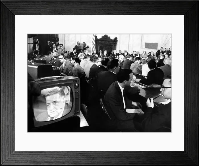 Framed Print : Senate Caucus Room during Joseph Valachi's testimony. Valachi is seen on the TV monitor and members of the Committee are shown in the background Framed Print : Senate Caucus Room during Joseph Valachi's testimony. Valachi is seen on the TV monitor and members of the Committee are shown in the background