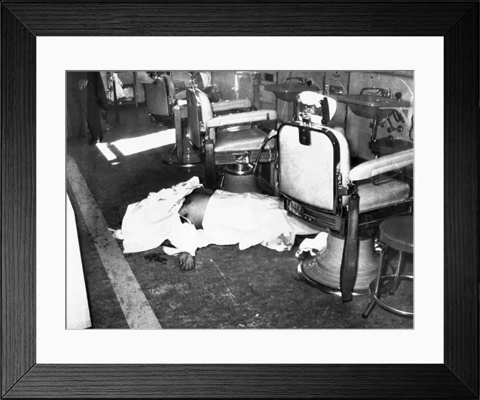Framed Print : Racketeer Albert Anastasia, former Lord High Executioner for Murder, Inc. lies dead on the floor of the barber shop of the Park-Sheraton Hotel Framed Print : Racketeer Albert Anastasia, former Lord High Executioner for Murder, Inc. lies dead on the floor of the barber shop of the Park-Sheraton Hotel