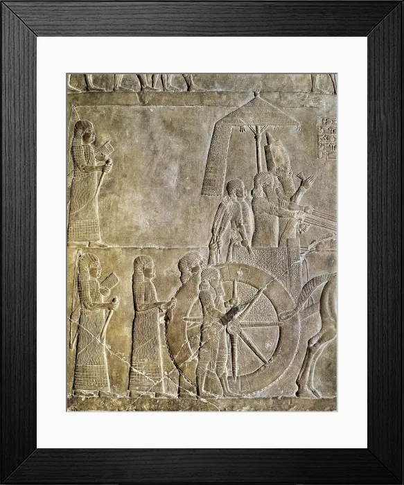 Framed Print : Ashurbanipal on his chariot. 669 BC - 626 BC. From the Ashurbanipal palace. Assyrian art. Relief on rock. FRANCE. Paris. Louvre Museum. AISA / Everett Collection**US SALES ONLY**
