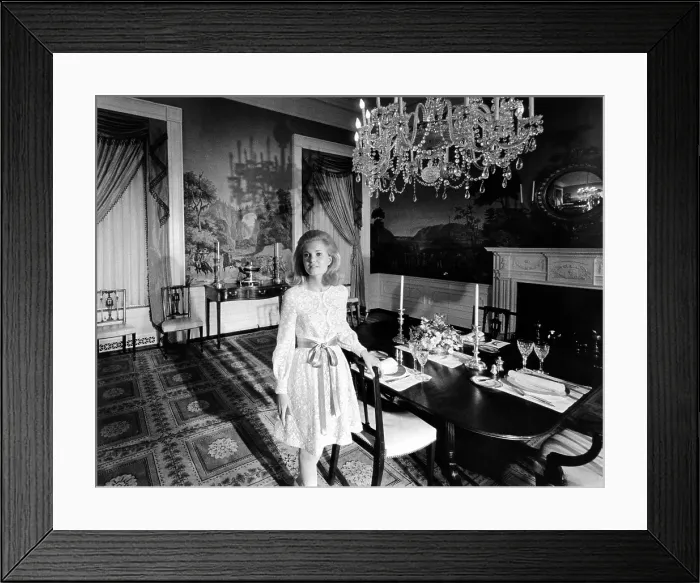 Framed Print : Tricia Nixon in second floor Family Dining Room. She wears a lace dress with a satin ribbon at the waist. Ca. 1971. (CSU_ALPHA_664) CSU Archives / Everett Collection