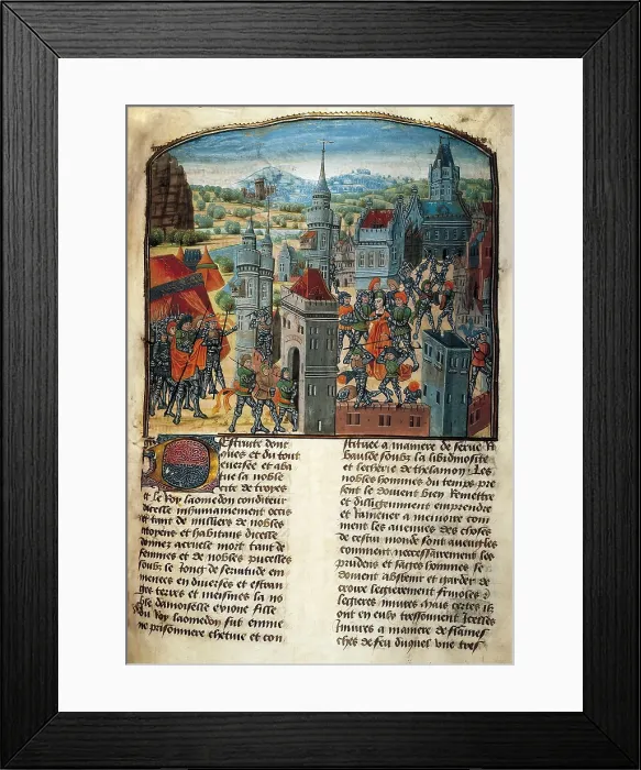 Framed Print : History of Troy. Heracles takes Troy and captures king Laomedn. Miniature of the 15th c. Gothic art. Miniature Painting. ITALY. Turin. National Library of the Turin University Framed Print : History of Troy. Heracles takes Troy and captures king Laomedn. Miniature of the 15th c. Gothic art. Miniature Painting. ITALY. Turin. National Library of the Turin University