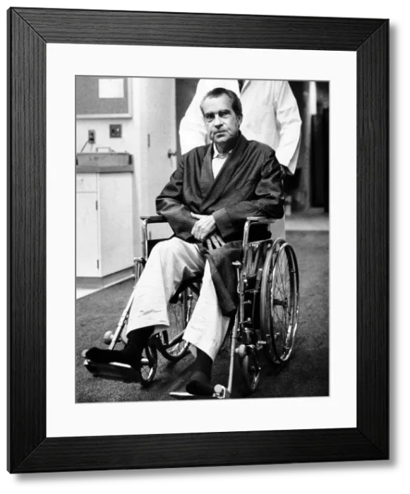 Framed Print : Former President Richard Nixon in wheelchair. He was at Long Beach Hospital being treated for a blood clot in the lung. Sept. 30, 1974