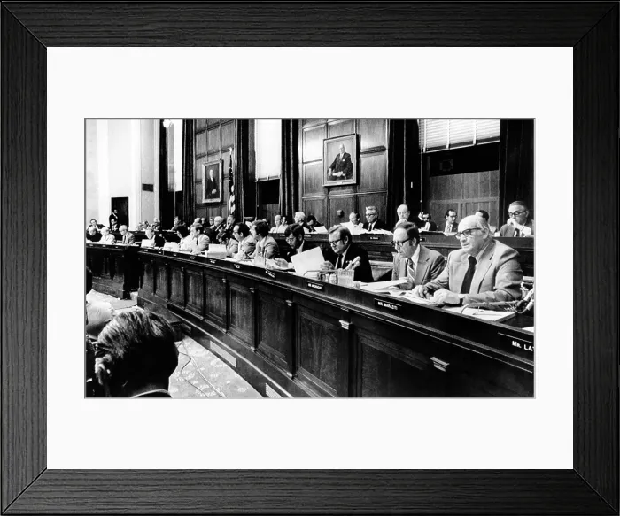 Framed Print : The House Judiciary Committee in deliberations leading to the vote for impeachment of President Richard Nixon for obstruction of justice in the Watergate cover-up. July 14, 1974 Framed Print : The House Judiciary Committee in deliberations leading to the vote for impeachment of President Richard Nixon for obstruction of justice in the Watergate cover-up. July 14, 1974