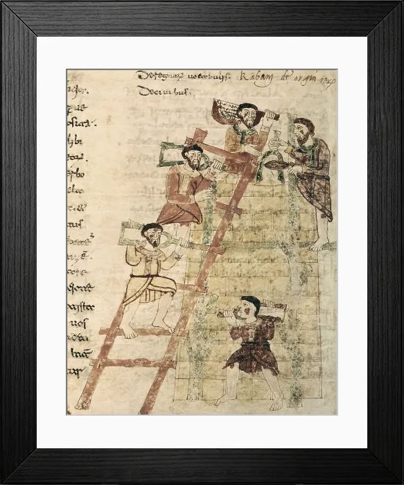 Framed Print : RABANUS, Maurus (c. 780 - 856). De Universo (s. IX). Liber XVI, chpater I: building a tower. Romanesque edition from the Carolingian original manuscipt. Romanesque art Framed Print : RABANUS, Maurus (c. 780 - 856). De Universo (s. IX). Liber XVI, chpater I: building a tower. Romanesque edition from the Carolingian original manuscipt. Romanesque art