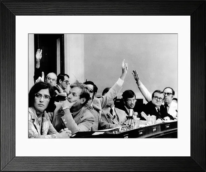 Framed Print : The House Judiciary Committee. The raised hands want to participate in the debate on a third article of impeachment of President Richard Nixon Framed Print : The House Judiciary Committee. The raised hands want to participate in the debate on a third article of impeachment of President Richard Nixon