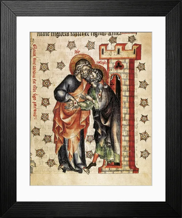 Framed Print : Passionary of the Abbess Cunegunde. 1320. Christ saying goodbye to Saint Joseph. Gothic art. Miniature Painting. CZECH Rep.. Prague. National Library of the Czech Republic