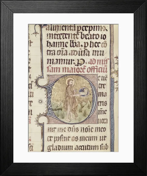 Framed Print : Missal of Sant Cugat del Valls. s.XV. Saint John the Baptist. Catalan school. Gothic art. Miniature Painting. SPAIN. Barcelona. Royal Archive of the Crown of Aragon