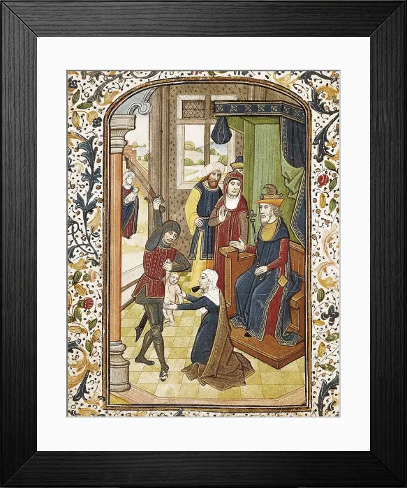 Framed Print : VRELANT, Willem (1410-1481). Book of Hours of Leonor de la Vega. 1465-1470. Judgement of King Solomon. Flemish art. Miniature Painting. PORTUGAL. Coimbra Framed Print : VRELANT, Willem (1410-1481). Book of Hours of Leonor de la Vega. 1465-1470. Judgement of King Solomon. Flemish art. Miniature Painting. PORTUGAL. Coimbra