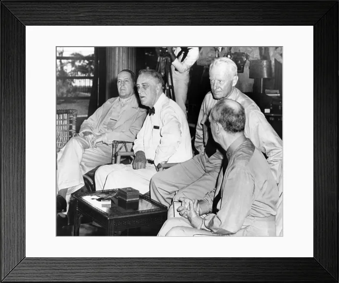 Framed Print : President Franklin Roosevelt at Pearl Harbor on June 11, 1944. L-R: General Douglas Mac Arthur; President Roosevelt; Admiral Chester Nimitz; and Admiral William Taft Leahy