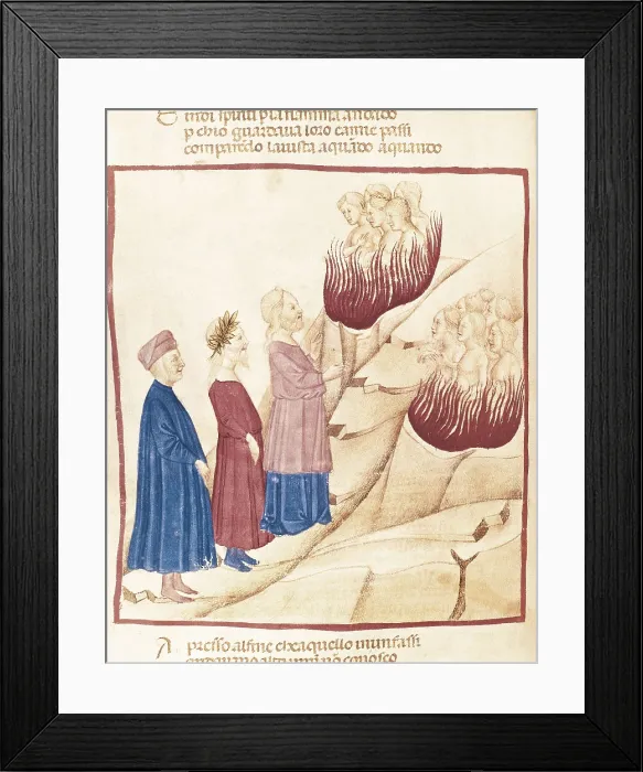 Framed Print : The Divine Comedy. s.XIV. The Purgatory. Dante and Virgil before the lustful who walk through the flames. Gothic art. Miniature Painting. ITALY. Venice