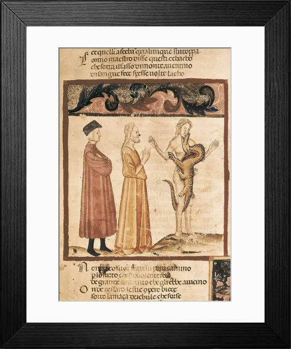 Framed Print : The Divine Comedy. s.XIV. Dante and Virgil with a soul destined to be devoured by a dragon. Illustration of the Hell. Gothic art. Miniature Painting. ITALY. Venice Framed Print : The Divine Comedy. s.XIV. Dante and Virgil with a soul destined to be devoured by a dragon. Illustration of the Hell. Gothic art. Miniature Painting. ITALY. Venice