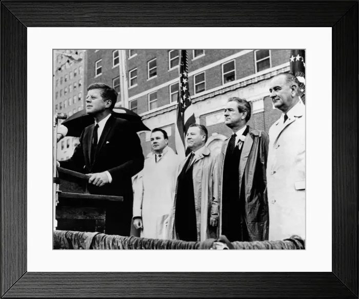 Framed Print : Morning of the day of JKF's assassination. President Kenney speaks to a crowd in front of the Texas Hotel in Fort Worth during a light rain Framed Print : Morning of the day of JKF's assassination. President Kenney speaks to a crowd in front of the Texas Hotel in Fort Worth during a light rain