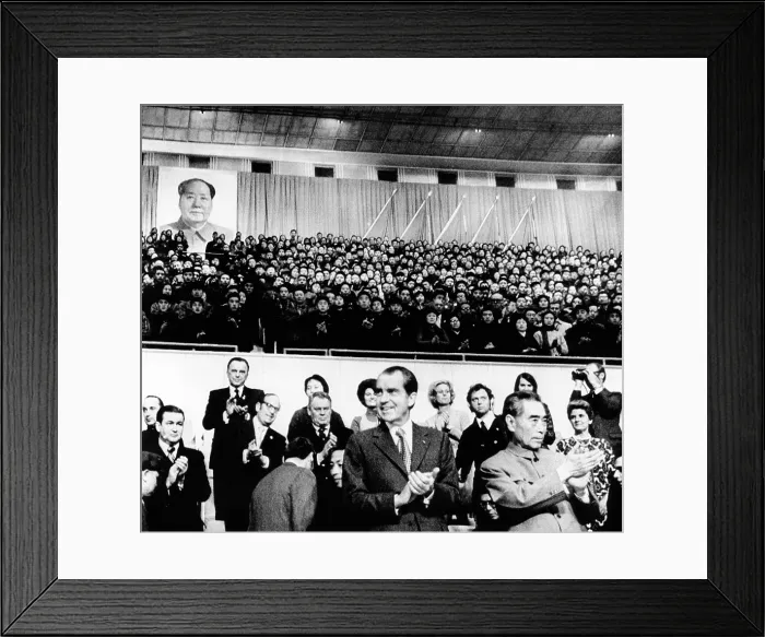 Framed Print : President Richard Nixon and Premier Chou En-lai applaud Chinese athletes prior to a gymnastic performance at the Capital Gymnasium. Beijing, Feb. 23, 1972