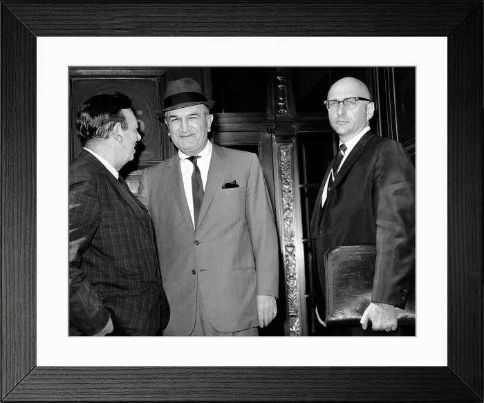 Framed Print : Joseph (Joe Bananas) Bonanno (center) talks to UPI reporter Robert Evans on steps of Federal Courthouse. Bonanno is accompanied by his attorney, Albert J. Krieger. May 17, 1966