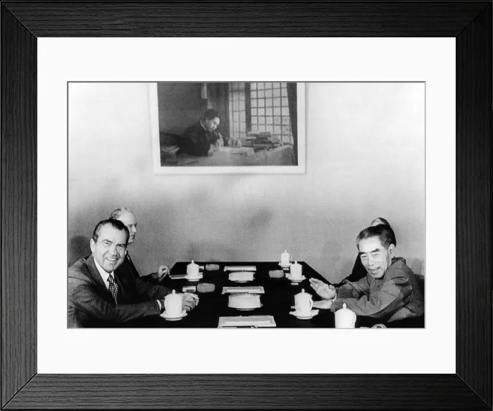 Framed Print : President Richard Nixon and Premier Chou En-lai begin the third day of formal talks, in the official Guest House where Mr. Nixon is staying while in Beijing Framed Print : President Richard Nixon and Premier Chou En-lai begin the third day of formal talks, in the official Guest House where Mr. Nixon is staying while in Beijing