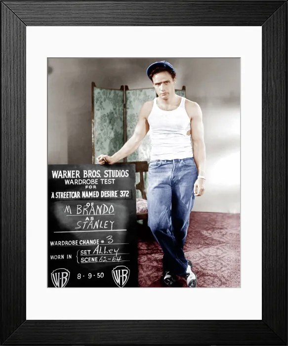 Framed Print : A STREETCAR NAMED DESIRE, Marlon Brando poses for wardrobe test, 1951 Framed Print : A STREETCAR NAMED DESIRE, Marlon Brando poses for wardrobe test, 1951