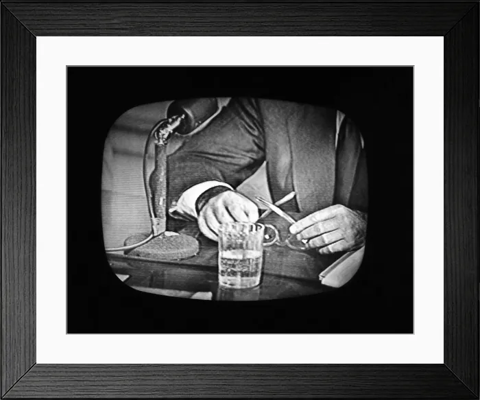 Framed Print : Frank Costello's hands on TV during Kefauver hearings Framed Print : Frank Costello's hands on TV during Kefauver hearings