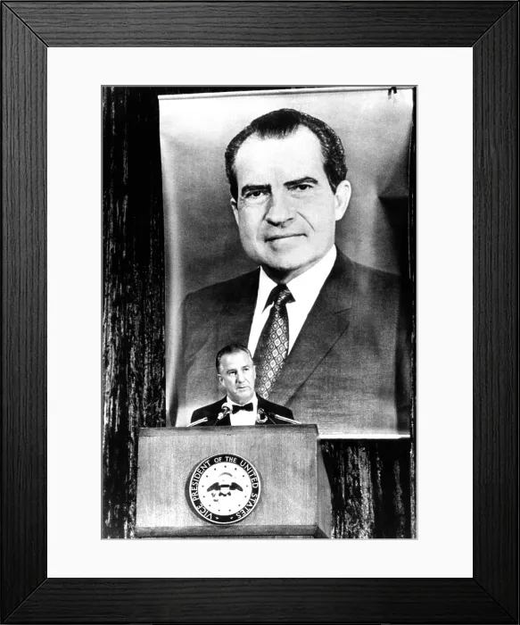 Framed Print : A huge portrait of President Nixon dominates the scene. Vice President Spiro Agnew speaks at a Lincoln Day $100-a-plate Republican fund raising dinner