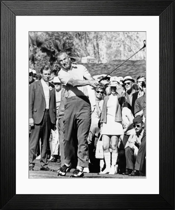 Framed Print : Vice President Spiro Agnew golfing at Palms Springs, California. At the Bob Hope Classic Golf one of his shots hit professional golfer Doug Sanders. Feb. 7, 1970 Framed Print : Vice President Spiro Agnew golfing at Palms Springs, California. At the Bob Hope Classic Golf one of his shots hit professional golfer Doug Sanders. Feb. 7, 1970