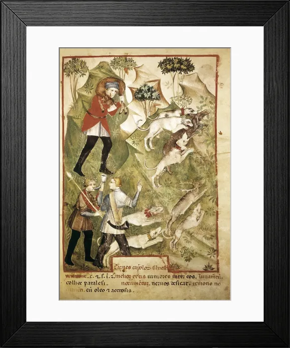 Framed Print : ALBUCASIS o ABU-I-KASIM BEN ABBAS AZ-ZAHRAWI (936-1013). Tacuinum Sanitatis. ca. 1390-1400. Fol. 64 with representation of hunting with dogs. Miniature Painting. FRANCE. Paris Framed Print : ALBUCASIS o ABU-I-KASIM BEN ABBAS AZ-ZAHRAWI (936-1013). Tacuinum Sanitatis. ca. 1390-1400. Fol. 64 with representation of hunting with dogs. Miniature Painting. FRANCE. Paris