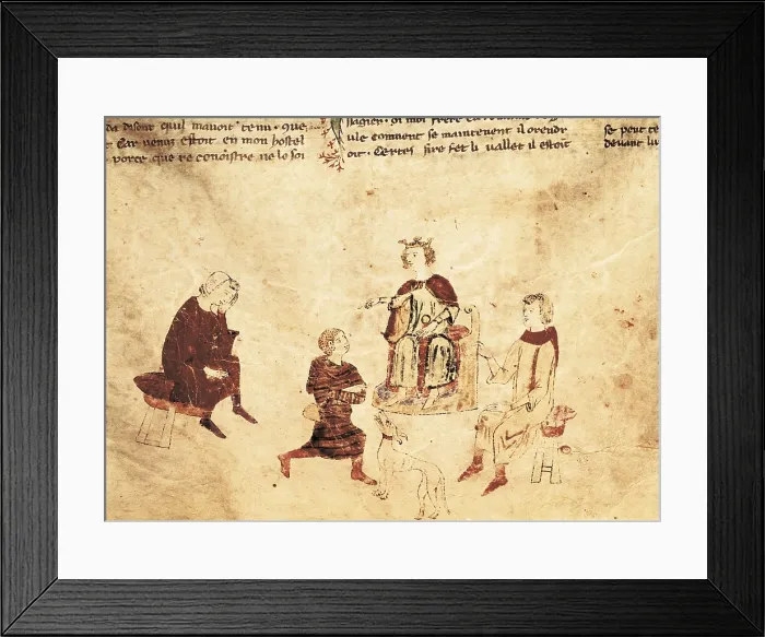 Framed Print : King Arthur on his throne with his councillors. Ilustration of the anonymous manuscript 'Meliadus, frre de Tristan' (14th c.). Gothic art. Miniature Painting. ITALY Framed Print : King Arthur on his throne with his councillors. Ilustration of the anonymous manuscript 'Meliadus, frre de Tristan' (14th c.). Gothic art. Miniature Painting. ITALY