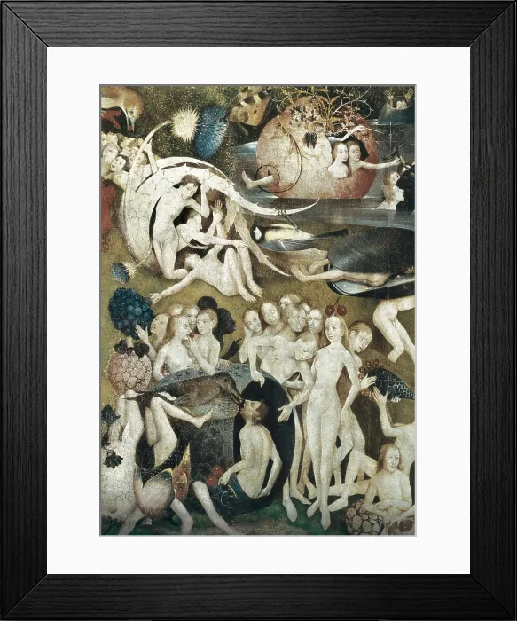 Framed Print : Bosch, Hieronymus Van Aeken, called (1450-1516). The Garden of Earthly Delights. Center Panel. 1503-1504. Central panel of the triptych. Lovers enjoying with fruits. Flemish art Framed Print : Bosch, Hieronymus Van Aeken, called (1450-1516). The Garden of Earthly Delights. Center Panel. 1503-1504. Central panel of the triptych. Lovers enjoying with fruits. Flemish art