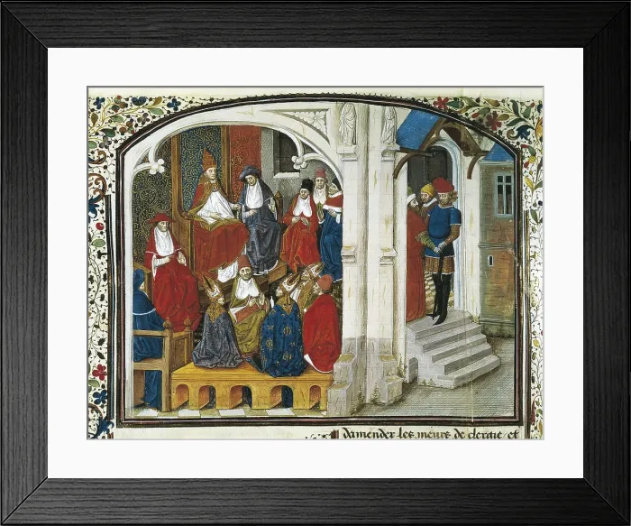 Framed Print : First Crusade. Urban II preaching the First Crusade in the Council of Clermont (1095). Picture of the Chronicle by Guillaume de Tyr (13th c.). Gothic art. SWITZERLAND. Geneva Framed Print : First Crusade. Urban II preaching the First Crusade in the Council of Clermont (1095). Picture of the Chronicle by Guillaume de Tyr (13th c.). Gothic art. SWITZERLAND. Geneva