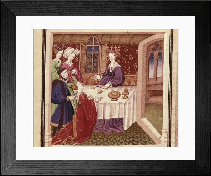 Framed Print : ESPINQUES, Everard de (15th c.). Romance of Tristan and Iseult. s.XV. Isolde imploring to Queen Guinevere for protection. Gothic art. Miniature Painting. FRANCE. Chantilly Framed Print : ESPINQUES, Everard de (15th c.). Romance of Tristan and Iseult. s.XV. Isolde imploring to Queen Guinevere for protection. Gothic art. Miniature Painting. FRANCE. Chantilly