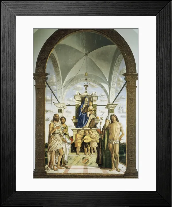 Framed Print : MONTAGNA, Bartolomeo (1450-1523). Enthroned Virgin with Child and Saints. end 15th c. At the feet of the Virgin some musicians. Renaissance art. Quattrocento. Oil Framed Print : MONTAGNA, Bartolomeo (1450-1523). Enthroned Virgin with Child and Saints. end 15th c. At the feet of the Virgin some musicians. Renaissance art. Quattrocento. Oil