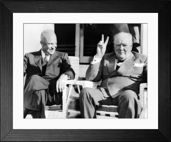 Framed Print : President Eisenhower watches Britain's Prime Minister Winston Churchill give his famous V-for-victory Framed Print : President Eisenhower watches Britain's Prime Minister Winston Churchill give his famous V-for-victory