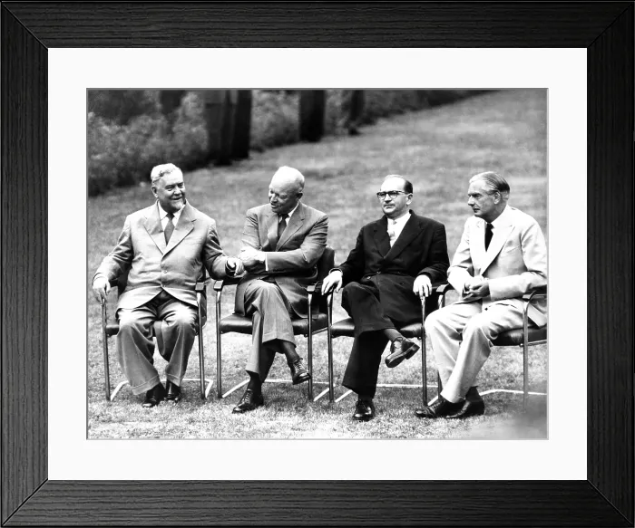 Framed Print : Cold War summit meeting of the Big Four in Geneva, Switzerland. L-R: Soviet Premier Nikolai Bulganin; Pres