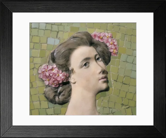 Framed Print : PEY I FARRIOL, Josep (1875-1956). Women with a Basket of Fruits under a vine arbour. ca. 1905-1906. Left central detail. Mosaic, ceramics and tiles fragments from Valencia