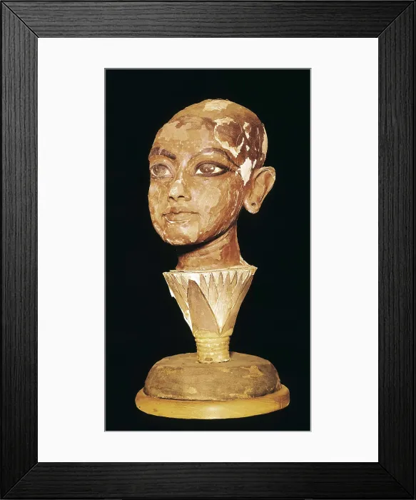 Framed Print : The King Tutankhamun on a lotus flower. 1333 - 1323 BC. Portrait of the Pharaoh. Made with stucco and painted wood. Egyptian art. New Kingdom. Sculpture on wood. EGYPT. Cairo Framed Print : The King Tutankhamun on a lotus flower. 1333 - 1323 BC. Portrait of the Pharaoh. Made with stucco and painted wood. Egyptian art. New Kingdom. Sculpture on wood. EGYPT. Cairo