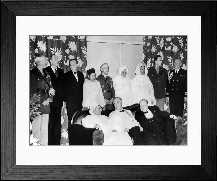 Framed Print : Allied Nations War Strategy Conference in Casablanca, French Morocco, Feb. 1, 1943. L-R, seated: The Sultan; President Franklin Roosevelt; Winston Churchill. Standing: Gen
