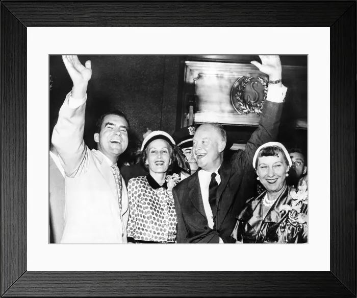 Framed Print : Republican Presidential nominee, Dwight Eisenhower and his running mate, Senator Richard Nixon of California and their wives, Mamie and Pat, outside Conrad Hilton hotel