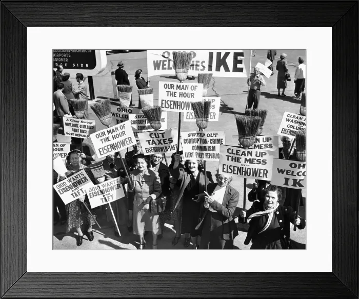 Framed Print : Pro-Eisenhower demonstrators with posters on household brooms