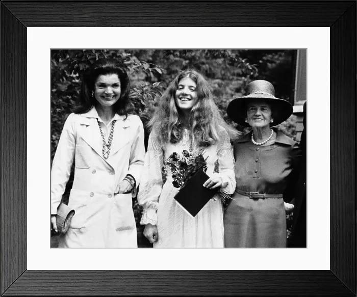 Framed Print : Caroline Kennedy, graduates from Concord Academy. With her are her mother, Jacqueline Kennedy Onassis, and paternal grandmother, Rose Kennedy. June 10, 1975