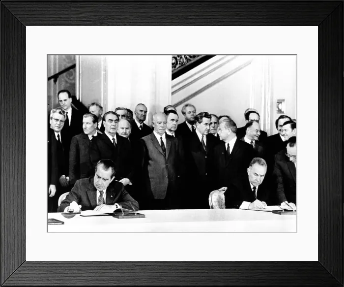 Framed Print : President Richard Nixon and Soviet Premier Alexei Kosygin sign an agreement for joint US-Soviet spaceflights. Standing behind the signers are L-R: Leonid Brezhnev, General Secy Framed Print : President Richard Nixon and Soviet Premier Alexei Kosygin sign an agreement for joint US-Soviet spaceflights. Standing behind the signers are L-R: Leonid Brezhnev, General Secy