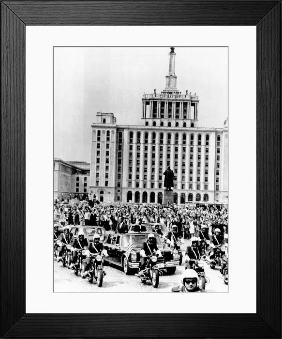Framed Print : President Richard Nixon and President Nicolae Ceausescu ride through Bucharest, Romania