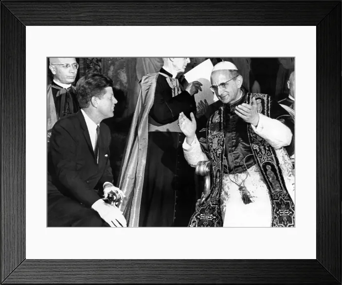 Framed Print : President John Kennedy and Pope Paul VI in conversation. The pontiff praised Kennedy for his untiring efforts to obtain peace in the world. July 2, 1963